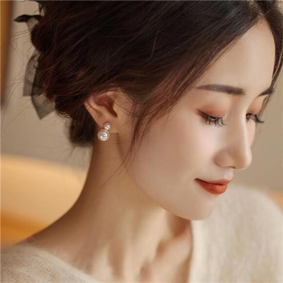 Gold-Plated Double Pearl Drop Earrings โ Timeless White Pearls, Lightweight - Picture 6 of 7